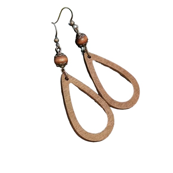 Boho Wooden Hollow Teardrop Hoop Drop Earrings - Picture 1 of 3